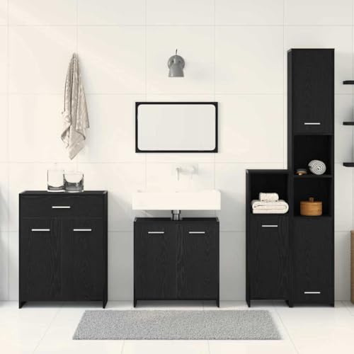 Hommdiy 4-TLG. Badmöbel-Set Badezimmerschrank Komplettset Badezimmermöbel Set Schwarz Eichen-Optik Holzwerkstoff