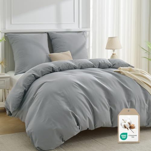 CELESTA Bettwäsche 200x200 Baumwolle 3teilig - Hellgrau, 2 Kissen 80x80 cm | 100% Baumwolle Bettwäsche-Sets mit Reißverschluss, 1 Bettbezug+2 Kissen, Kuschelig Weich & Atmungsaktiv, Oeko-TEX
