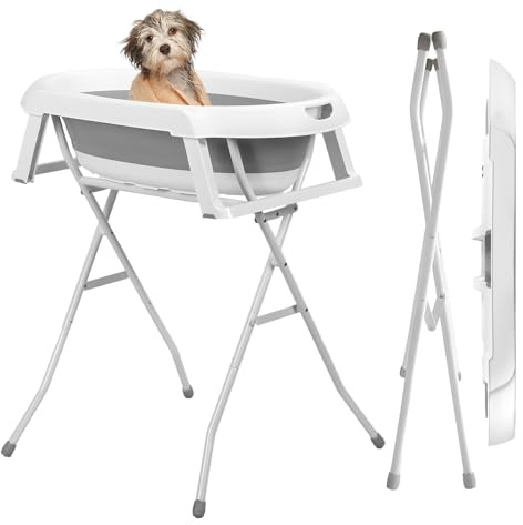 2 in 1 Haustier Badewanne mit Gestell, Zusammenklappbare Babybadewanne für Hunde und Katzen bis 28kg, Tragbare Hundebadewanne mit Ablaufschlauch und Stauraum, Haustier Waschstation Grau