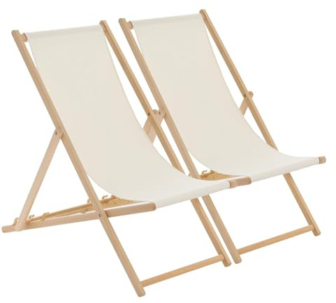 Harbour Housewares Folding Wooden Deck Chairs – Natural – Pack of 2 – Adults Traditional Foldable Reclining Outdoor Canvas Sun Lounger Chair Seat for Garden Patio, Beach, Camping
