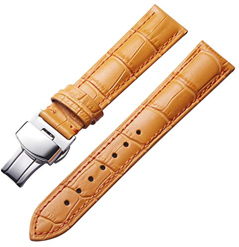 BINLUN Leder Uhrenarmband Lederarmband Ersatz Uhrenarmbänder für Herren Damen mit Silber/Gold/Roségold Schmetterling Faltschließe 12-24mm(12mm Orange-Silber Schnalle)