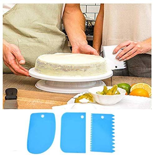 Smart Baking Cake Decorating Tools | 3pcs Different Shapes Pastry Dough Scraper Cutter | Fondant Cake Icing Smoother | Flexible Plastic Cake Scraper (Colour May Varied Such as White or Blue)