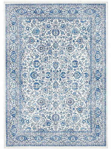 Elle Decoration Keshan Maschad Orientalischer Teppich - Kurzflor Vintage-Look Orientalisch Orient Klassischer Orientteppich für Wohnzimmer Esszimmer Flur oder Schlafzimmer Saphirblau, 80x200cm