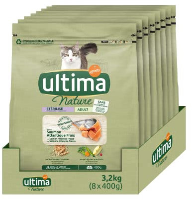 Ultima Nature Pienso para Gatos Esterilizados con Salmón, Pack de 8 x 400 g