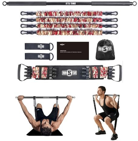INNSTAR Portable Home Gym Set with Workout Bar, Bench Press Set, Squat Resistance Band, Door Anchor and More-Full Body Workout Equipment to Build Muscle and Shape Body(Camo Red-80lbs)