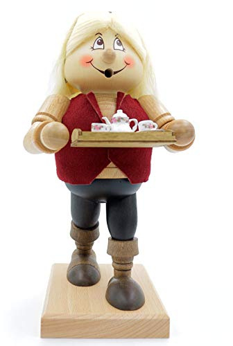 Kuhnert Original Erzgebirgische Holzkunst Räuchermann Räucherfigur Wichtel 29cm Kellnerin, Porzellan, weiß, glänzend, 1 Stück