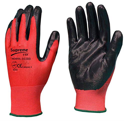 12 Pairs Red Black Nitrile Coated Nylon Safety Builders Work Gloves Construction Mechanic Grip (Size - XL / 10)