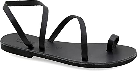 41 Schwarz Emmanuela Zehenring Sandalen aus Leder, hochwertige handgefertigte Slingback Sommerschuhe, Riemchen sandalen mit Knöchelmanschette, flache griechische Sandalen