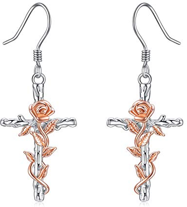 Kreuz Damen Ohrringe Sterling Silber Kreuz und Rose Blume Ohrringe Schmuck Geschenke für Frauen Mädchen