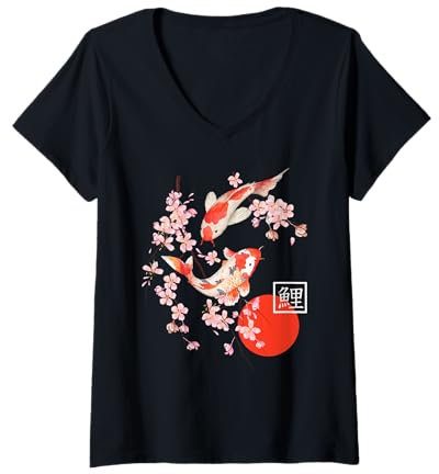 Femme Cerisier en fleurs koï, carpe japonaise, art graphique T-Shirt avec Col en V