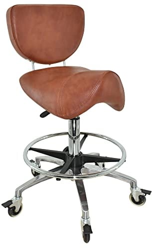 VAKON SALON - Premium Sattelhocker Hellbraun mit Bremse und Lehne, Sattelstuhl für Rückenentlastung, Rollhocker höhenverstellbar von 55-75 cm, Praxishocker, Bürohocker