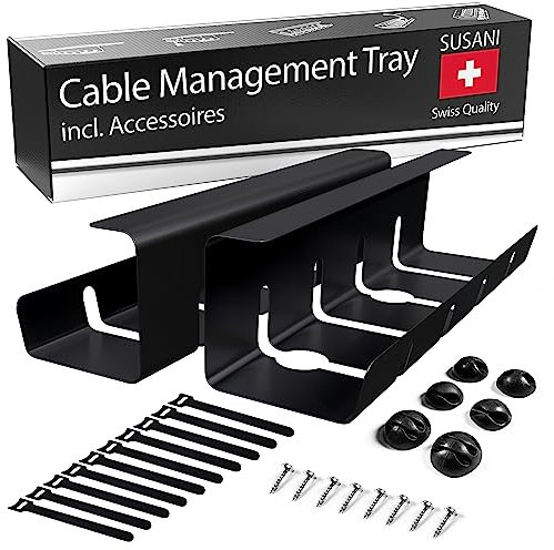 SUSANI Kabelkanal Schreibtisch – Kabelkanal schwarz [2er Set] Extra lang – 42x11x12 [cm] – Kabelmanagement Schreibtisch für Organisation und Ordnung am Arbeitsplatz – Inkl. Zubehör