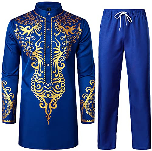 LucMatton Afrikanisches 2-teiliges Herren-Set, langärmelig, Golddruck, Dashiki und Hose, traditioneller Anzug, Königsblau-A, L