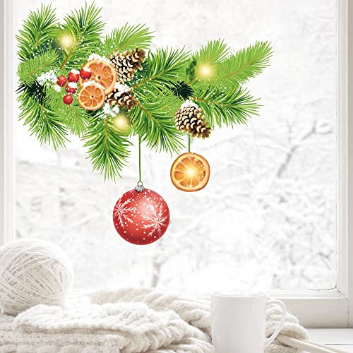 Fensterbild Weihnachten Winter Weihnachtszweig Tannen mit Kugeln und Dekoration, Kinderzimmer Fenster, Weihnachtsdeko, 3. A2 Bogen