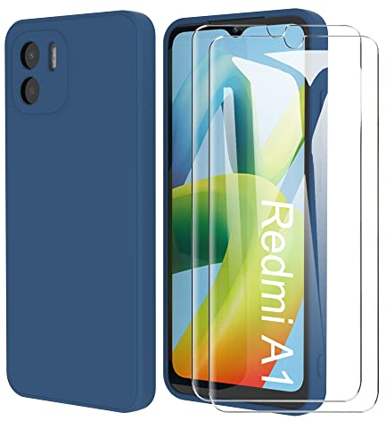 MOONESS Cover per Xiaomi Redmi A2 / Redmi A1 4G Custodia,Con 2 Pellicola Vetro Temperato Morbida Sottile Liquid Silicone Bumper TPU Case - Blu
