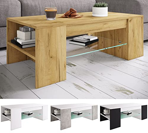 VCM Holz Couchtisch mit ESG-Sicherheitsglas | Sofatisch mit ausreichend Stauraum | Maße ca. H. 35 x B. 100 x T. 50 cm | Wohnzimmertisch - Tunas Weiß/Beton-Optik