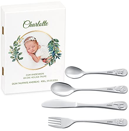 Maverton Kinderbesteck Set mit Gravur + Holzbox mit Aufdruck - mit Tieren - aus Edelstahl - Weiß - Geschenk für Mädchen zum Geburtstag zur Taufe Geburt - Foto 5