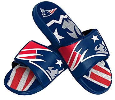FOCO New England Patriots NFL Colorblock Big Logo Gel Slide Blue Red Badelatschen Hausschuhe - M