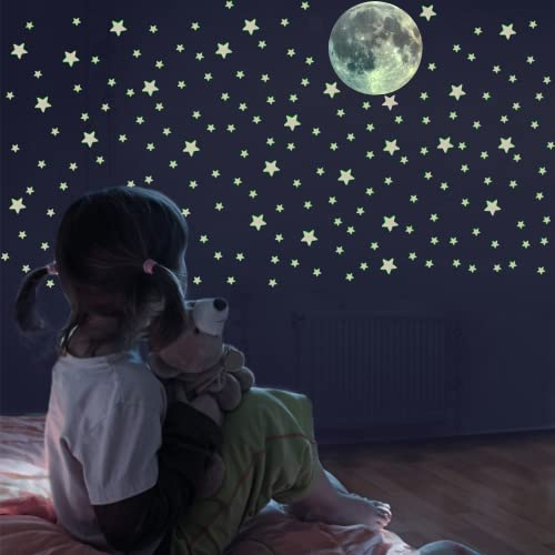 FFL DREAMS Leuchtsterne Kinderzimmer, Selbstklebend Wandsticker Leuchtend Mond und Sterne, Fluoreszierend Wandaufkleber für Kinder Kindergarten Schlafzimmer Wohnzimmer, Realistisches Sternenset