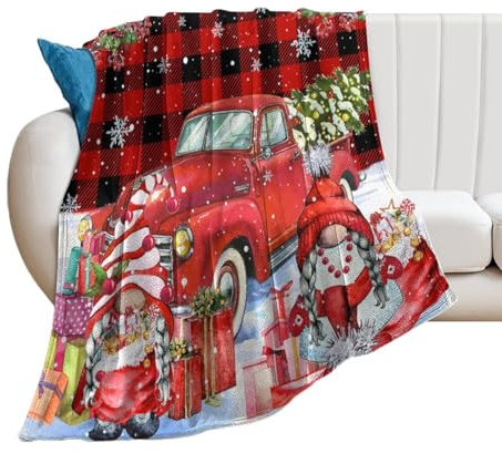 COALHO Retro Merry Christmas Blankets Super Soft Flanell Throw Vintage Gnomes Red & Black Plaid Farmhouse Xmas Winter Throw Soft Cozy Bedding Bedroom Blanket-80W×100L CM