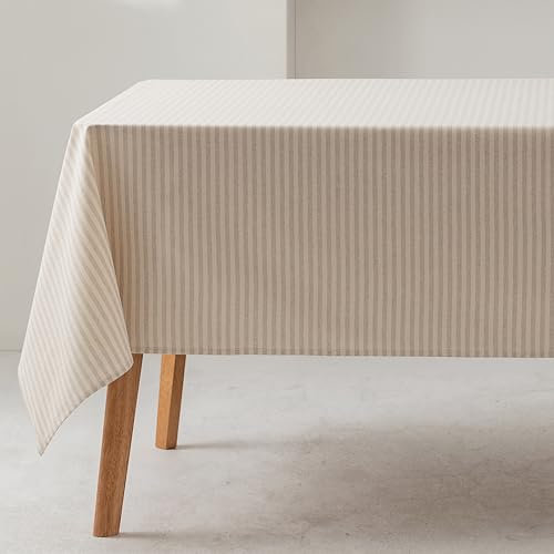 GAMUSI Mantel Antimanchas Rectangular Rayas Finas Gris Claro Impermeable Tacto Tela 100% algodón Lavable Interior y Exterior 140x100 cm