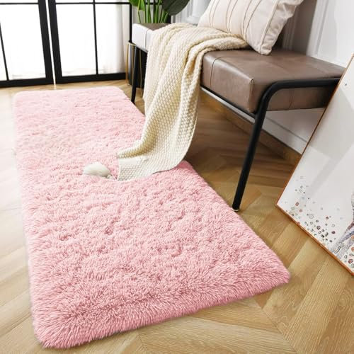 AMEHA Tapis moelleux à poils longs pour chambre à coucher, couloir, tapis moderne en peluche super douce qui ne perd pas ses poils et facile à nettoyer, 60 x 220 cm Rose