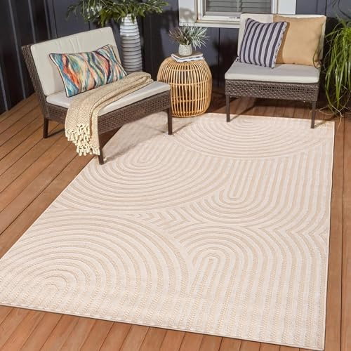 Mazovia Groß Outdoor-Teppich Balkon 200x300cm Creme Weiß Geometrisch | Balkon Teppich für Terrasse Garten Beige Wetterfest Pflegeleicht UV-Beständig Tierfreundlich Wasserabweisend Kurzflor Robust