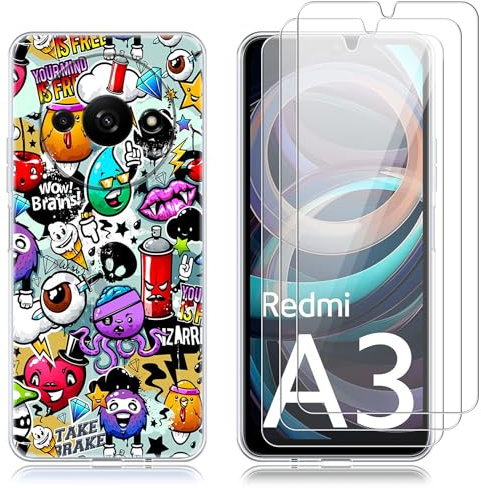 Coque Compatible avec Xiaomi Redmi A3 et 3 Pièces Verre Trempé Protection Écran, Souple TPU, Antichoc et Antijaune Housse - Coloré