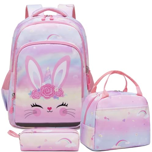 Kimwadalh Cartable Fille Primaire Lapin,Sac à Dos Lapin Enfant Sets de Sacs Scolaires Fille Primaire CE1 CE2 + Isotherme Panier Repas + Trousse