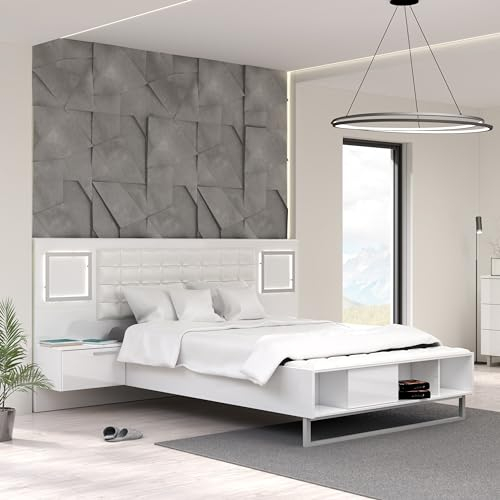 Forte Sirius Crown Bett 280 290, modernes Bett + 2 Nachtkommoden mit 2 Schubladen, weißes Bettgestell, Holzwerkstoff, Weiß/Weiß Hochglanz, 287 cm breit x 119,7 cm hoch x 234,7 cm tief