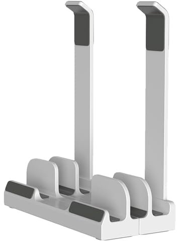 Vertical Laptop Stand for Desk, Dual Slots, Plastic, Adjustable, Space Saving 3-in-1 Design, Supports MacBook, Chromebook, Surface, Dell (White)