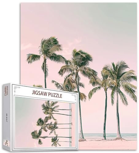 Tucocoo 1000-teiliges Puzzle für Erwachsene, Strand, Palmen, Puzzle, rosa Himmel, Landschaften, 1000 Teile, Puzzles für anspruchsvolle Familienaktivitäten, DIY-Puzzle, Wanddekoration, Geschenke