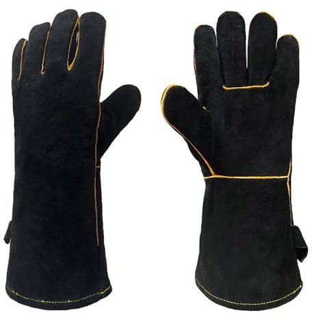 YANGUN Welding Gloves, 16'' Leather BBQ Gloves, Leather Welding Glovess, Fire Glovess for Log Burner, Fire and Heat Resistant Glovese, Heat Proof Fire Glovese for Baking,Oven,Welders,Gardening (Black)