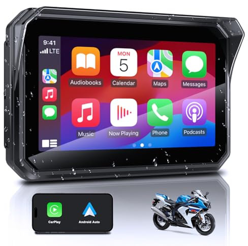 ZKJAYOE Pantalla CarPlay/Android Auto Portátil para Motocicleta, Pantalla Táctil IPS de 5 Pulgadas Impermeable IP67, CarPlay Inalámbrico para Motocicleta, Soporta Navegación GPS, Asistente de Voz