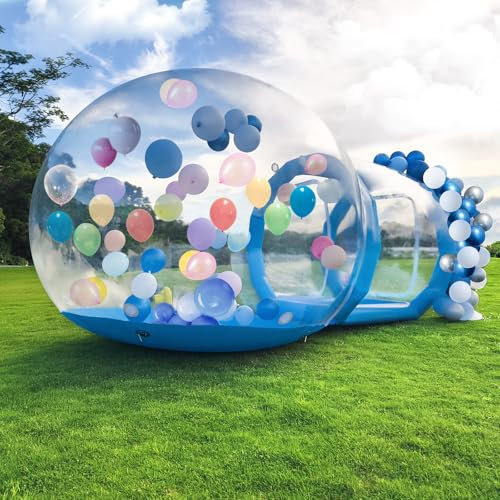 10FT/ 3 Meters Inflatable Clear Bubble House with Tunnel, 360° PVC Panoramic Skylight Bubble House for Yard Decoration, Transparent Inflatable Dome with Blower&Pump for Birthday, Party, Blue
