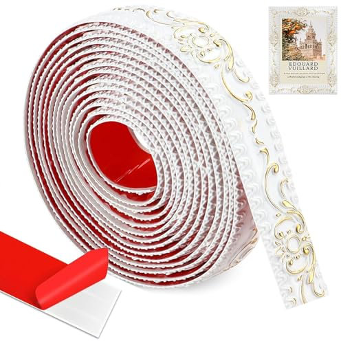 Wandleisten Selbstklebend 500cm*3.6cm*6mm, Weiß Gold Deckenleisten Selbstklebend Wandleisten, 3D Stuckleisten Decke, Wandleiste Zierleisten Selbstklebend für TüRrahmen, Decken, Heimdekoration (B)