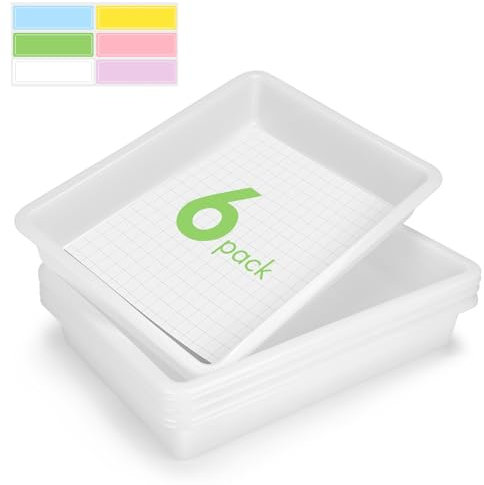 ShineMe Turn in Trays Classroom, 6 Pack White Paper Trays for Classroom with Colorful Labels, Thick Plastic Storage Bins for School, Office Organization, Letter Size Flat Storage Tray