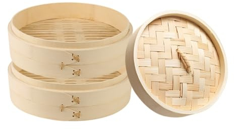 Surakey Panier Vapeur en Bambou | Diamètre 13cm | 2 Étages | Panier Vapeur Asiatique | Panier en Bambou pour Cuisson Vapeur pour Dim Sum, Riz, Légumes, Poisson et Viande, Nature