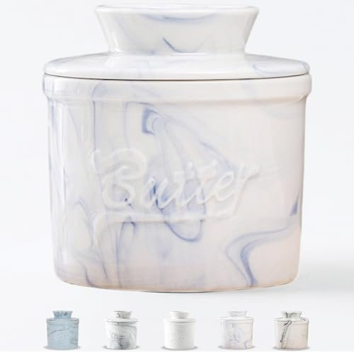 Duscdesp Butterdose Porzellan, Runde Butterbehälter Keramik mit Wasserkühlung, Französische Butterdose mit Deckel, Butterglocke Butterdosen für Frische und Streichfähige Butter (Hellblau Marmor, 10cm)