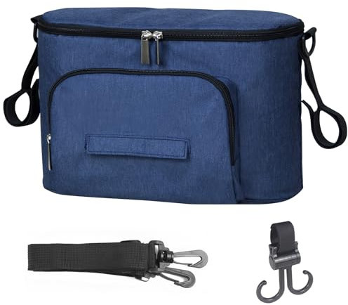 Bizcasa Bolso Carro Bebé, Bolsa Organizadora de Cochecitos con Portavasos y Correa para el Hombro, Universal Impermeable Bolsa Organizador de Cochecito, Multifuncional de Gran Capacidad (Azul)