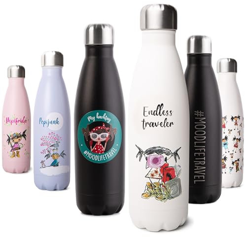 PEPITA VIAJERA Botella agua Térmica de Acero Inoxidable, 500 ml, Diseño Original fondo blanco,Termo a prueba de fugas para viajes y deporte,Thermo café,Doble Pared bebidas frías 24h/calientes12h