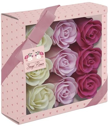 Eurowrap Giftbox Pink Soap Roses – 9 Scented Rose-Shaped Soaps in Presentation Box – Perfect for Bath, Decoration & Gifts on Mother's Day, Birthdays and Celebrations