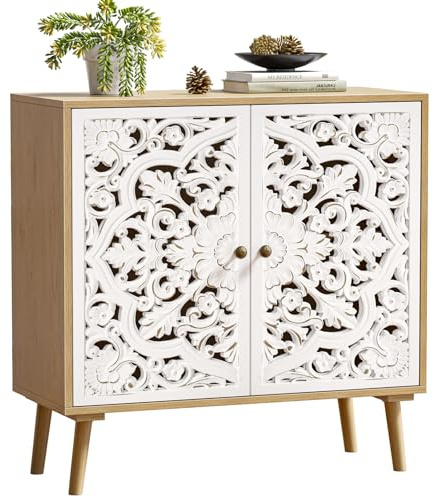 Skokliz Accent Cabinet with 2 Doors, Carved Cabinet Decorative Sideboard Storage Cabinet with Adjustable Shelf, Entryway Cabinets for Kitchen with Storage Credenza