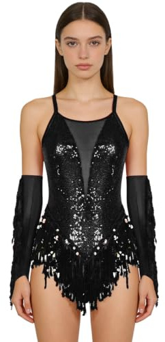 inlzdz Damen Glitzer Pailletten Tanzkostüm Latein Tanz Trikotkleid Tanzanzug Body Handschuhe mit Quasten Fransen Swing Performance Bühne Kostüm