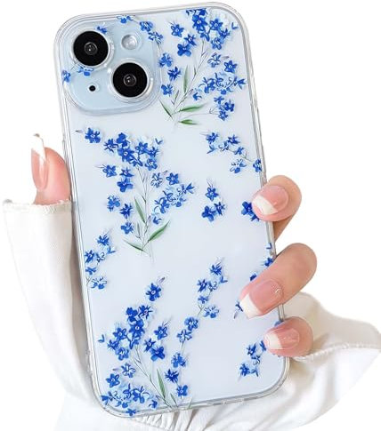 NITITOP Compatible with iPhone 15 Plus Case Cute Clear Flower Floral Branch Design for Women Girls Artistic Transparent Soft TPU Shockproof Protective Phone Cover - Blue