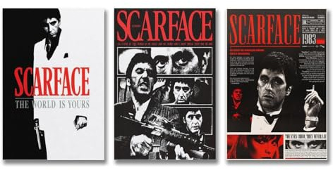 Kobueo A Set Of 3 Scarface Poster Music Movie Classic Vintage Cover Poster Für Zimmer, Ästhetische Leinwand-Wandkunst, Schlafzimmer-Dekor Poster 24x36inch(60x90cm)-3pcs