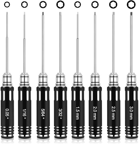 Set di strumenti RC, set di cacciaviti esagonali 8PCS RC con 3/23.5/64, 1/16, 0.05, 1.5/2.0/2.5/3.0mm cacciavite esagonale di precisione Adatto per 1/10 1/12 Traxxas RC modello auto elicottero drone