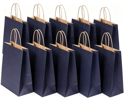 SHUBEIEUMI 10 Sacs Cadeaux en Kraft Avec Poignées,Bleu Foncé | 21x15x8 cm Petite Taille Sacs en Papier pour Anniversaires, Mariages