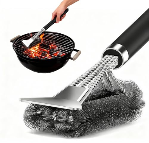 JIMYIU Kit di Pulizia per Griglie 3 in 1 – Spazzola di Alta Qualità in Acciaio Inox con Raschietto e Occhiello per Appendere, Setole Extra Lunghe per Griglie a Gas, Carbone, Elettriche e a Sfera