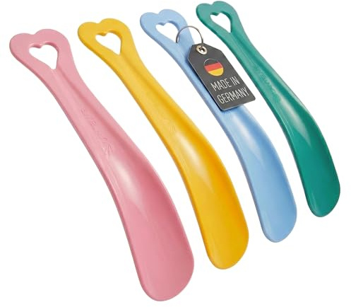 Lantelme Schuhanzieher Set 4 Teilig Kunststoff mit lächelnden Figuren in Grün Blau Gelb Rosa | Schuhlöffel klein aus Deutscher Herstellung | Plastik Schuhanziehhilfe für Zuhause und Reise
